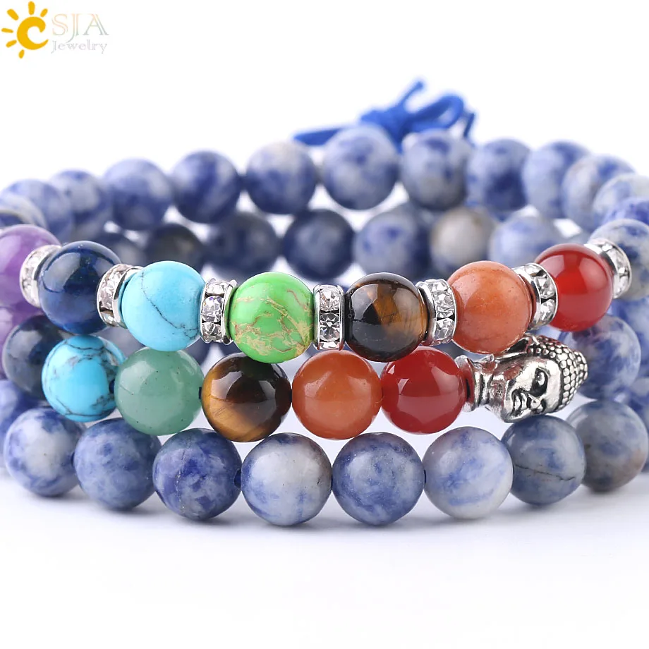 Браслет из натурального камня CSJA содалитовый белый горошек синяя бусина чакра