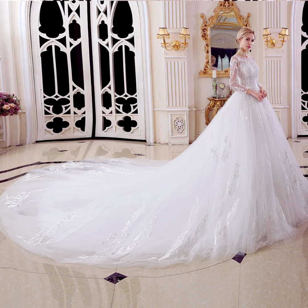 Robe de soriee New Long Wedding Dress 2018 Scoop Sleeves Vestido casamento Bridal Gowns A-line O-Neck | Свадьбы и торжества