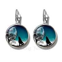 classic 16mm glass dome stud earrings wolf head pattern glass metal buckle punk jewelry silver plated earrings for women