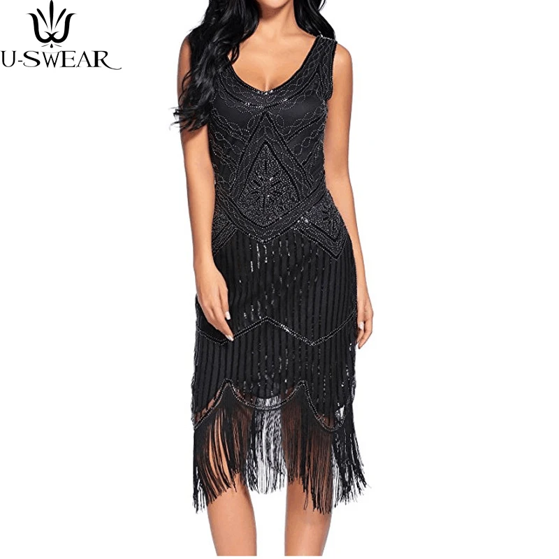 

High Quality Women 1920s Great Gatsby Vintage Fringe Flapper Dress Girl Sequin Bead Sleeveless Summer Dress Vestido De Fiesta