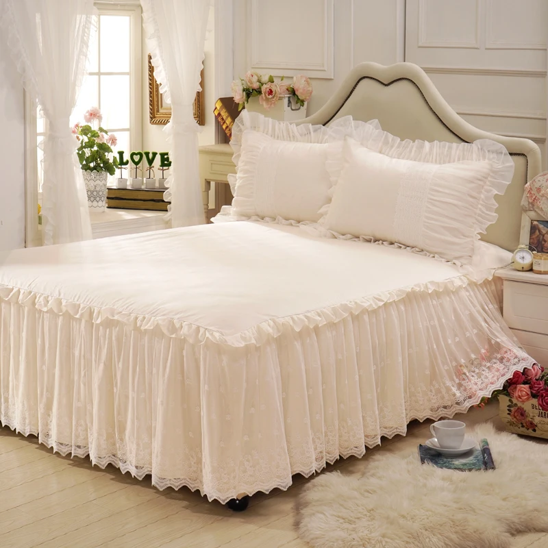 1 шт кровать юбка + 2 pillowcaseseswhite кружева постельное белье комплект принцесса
