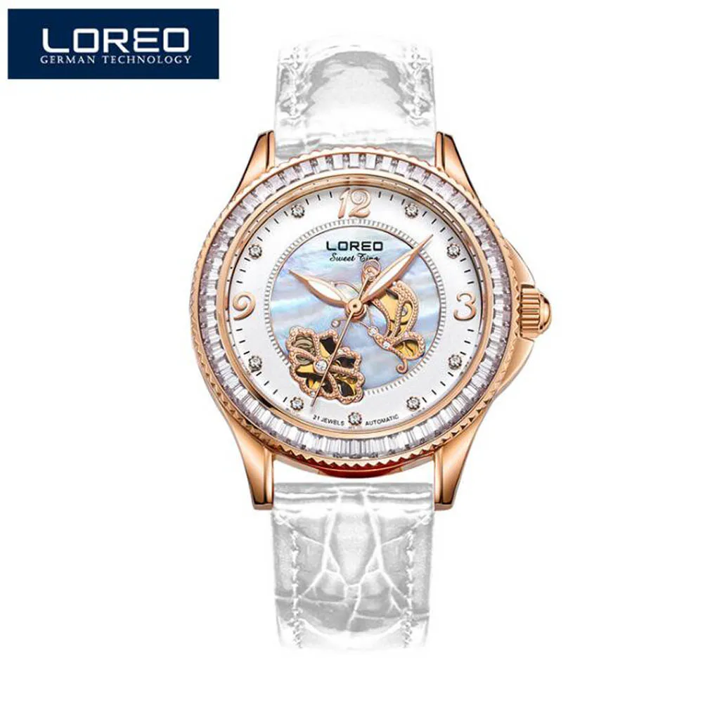 Leather White Женские Механические часы со скелетом и сапфировым кристаллом от роскошного бренда LOREO, женские автоматические механические часы, женские часы с бриллиантами - Цвет: Leather White