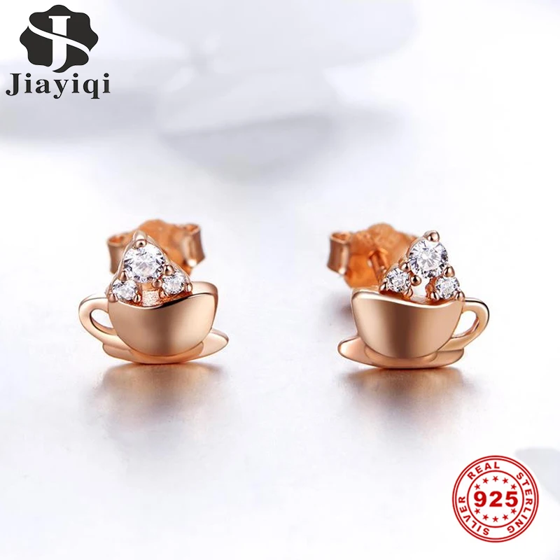 Женские серьги гвоздики Jiayiqi розовое золото для отдыха кофейная чашка Настоящее