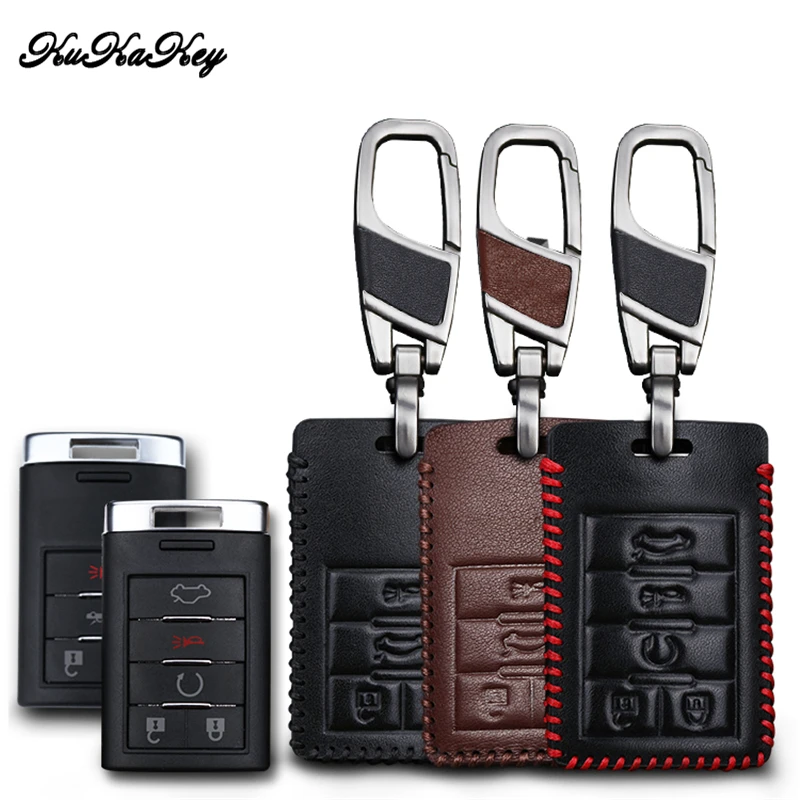 

KUKAKEY Leather Car Key Case Cover For Cadillac CTS Escalade SRX ATS STS Smart Remote Car Key Shell Protection Car Styling