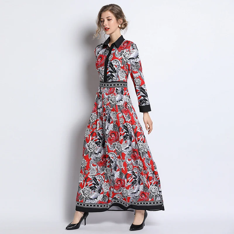 

Fashion Summer Long Dress 2019 Women's Turn Down Collar Long Sleeve Flower Printed Patchwork Vintage Ethnic Maxi Dress Vestidos