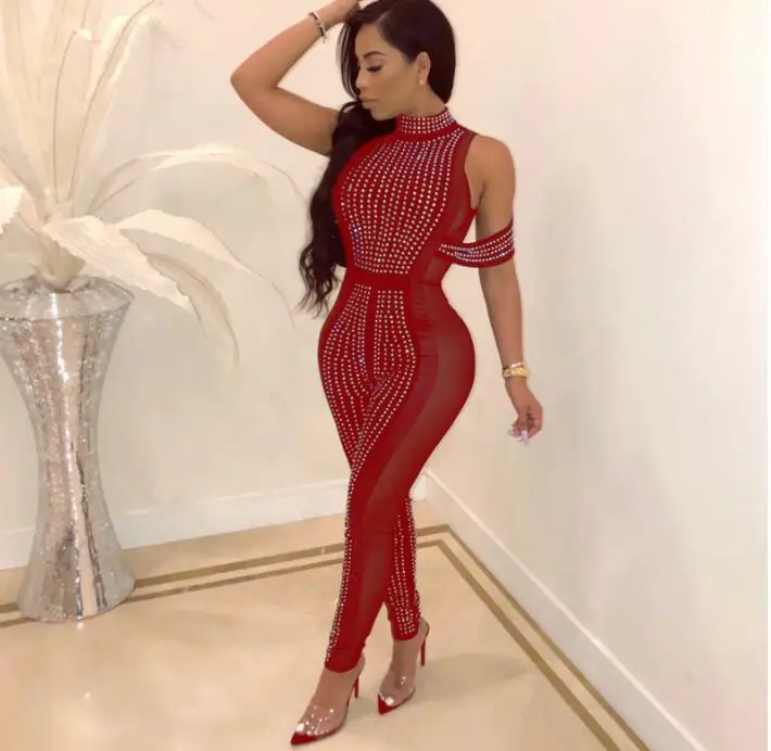 

Sexy Backless bodycon Women Jumpsuit Sleeveless High Neck Solid Ladies Mesh Hollow Out Diamond Rompers