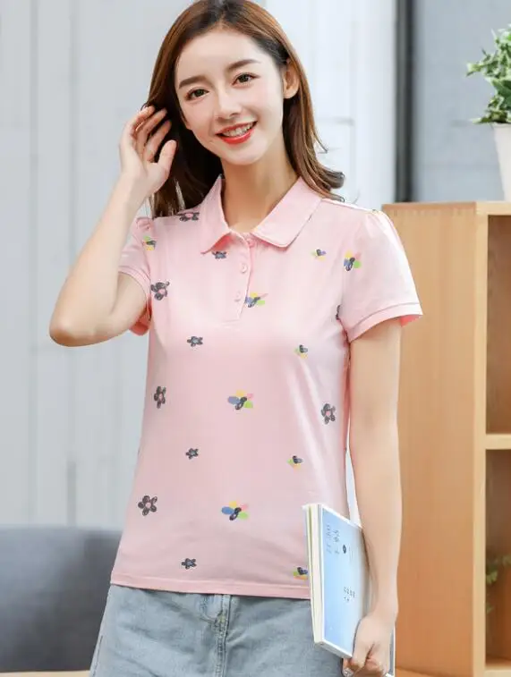 pink Baharcelin 3XL 4XL Топы-поло больших размеров для женщин и девочек, воротник-поло с отложным воротником, короткий рукав, принт, женский спортивный топ, одежда - Цвет: pink