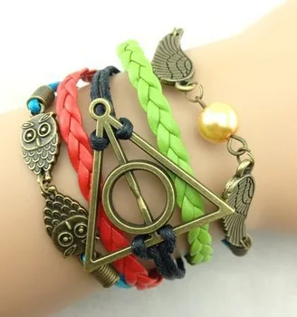 3pcs Deathly Hallow &amp Wings and Owls Charm Bracelet--Antique Bronze Wax Cords Leather Braided Bracelet-Personalized b95 | Украшения и