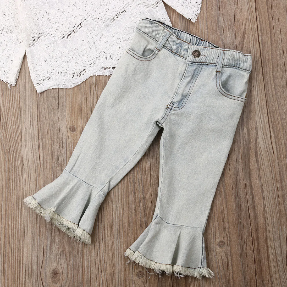 1-6Y Fashion Toddler Baby Girls Clothes Sets White Lace Top Shirt Denim Flared Pants Outfit Set