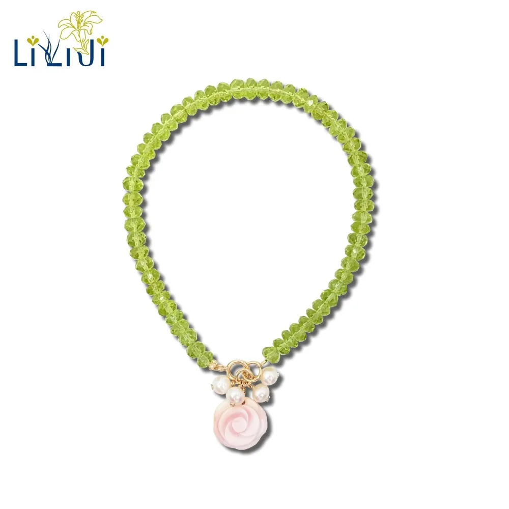 

Lii Ji Natural Gemstone Shining Peridot,Freshwater Pearl,Pink Conch Shell Rose 925 Sterling Silver 18K Gold Plated Bracelet