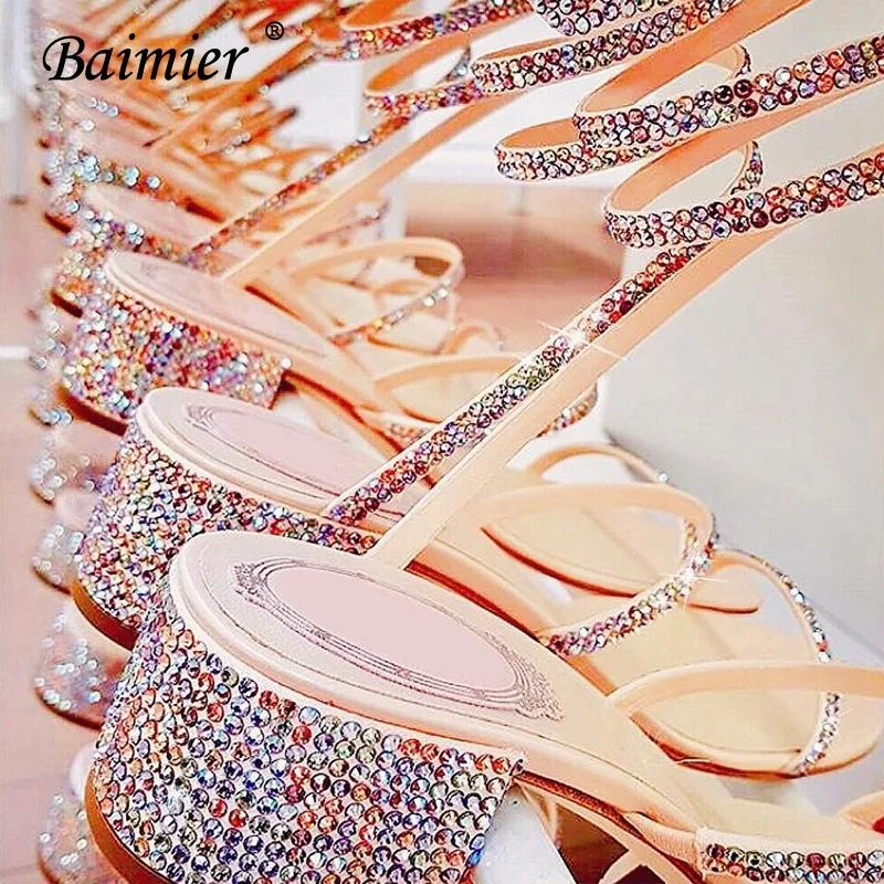 Baimier/; роскошные летние женские босоножки; Ремешок из змеиной кожи; женские сандалии-гладиаторы с открытым носком; женские свадебные туфли с украшением в виде кристаллов