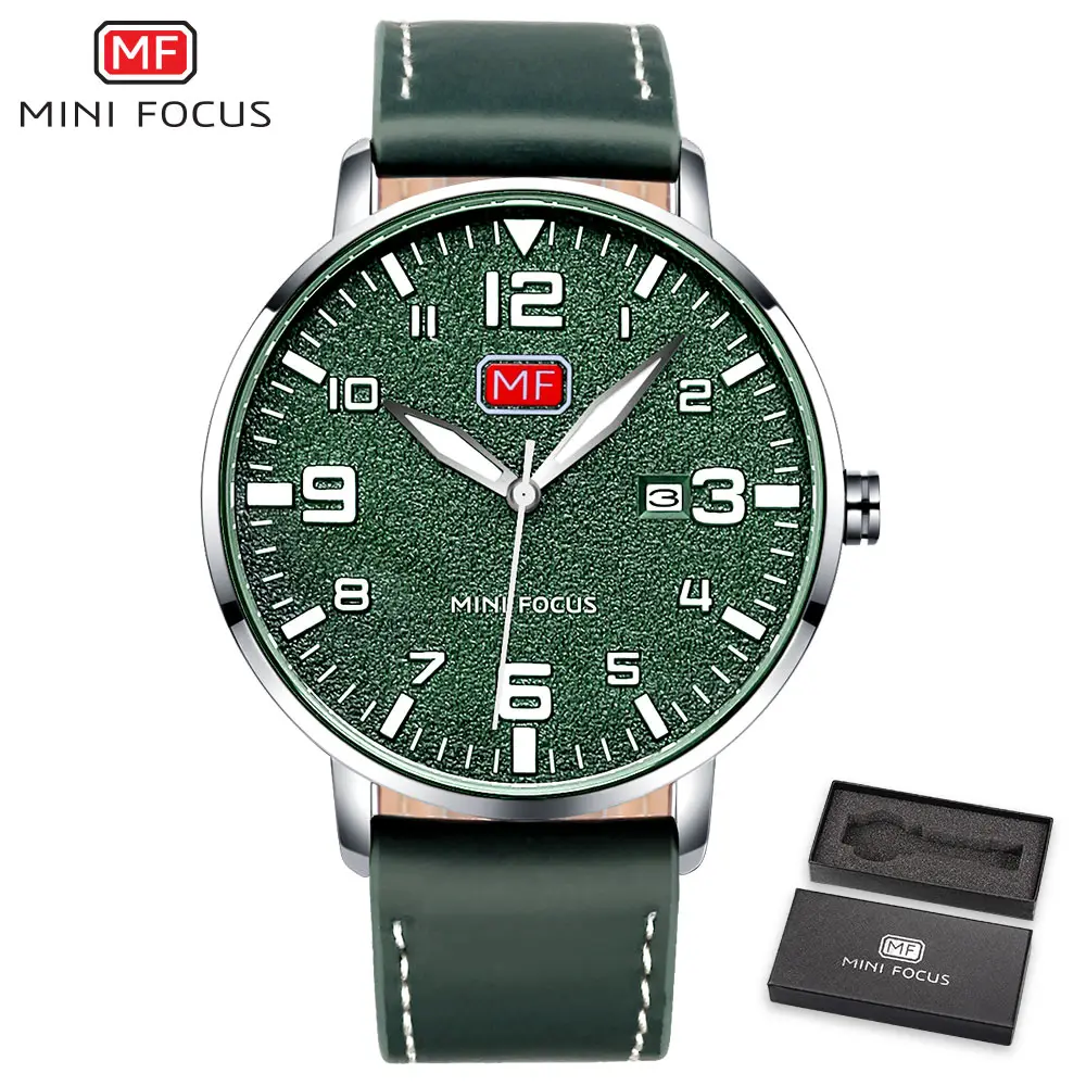 Green Leather MINIFOCUS кварцевые мужские часы Роскошные брендовые военные наручные часы мужские с календарем водонепроницаемые Модные Спортивные relogios masculino - Цвет: Green Leather