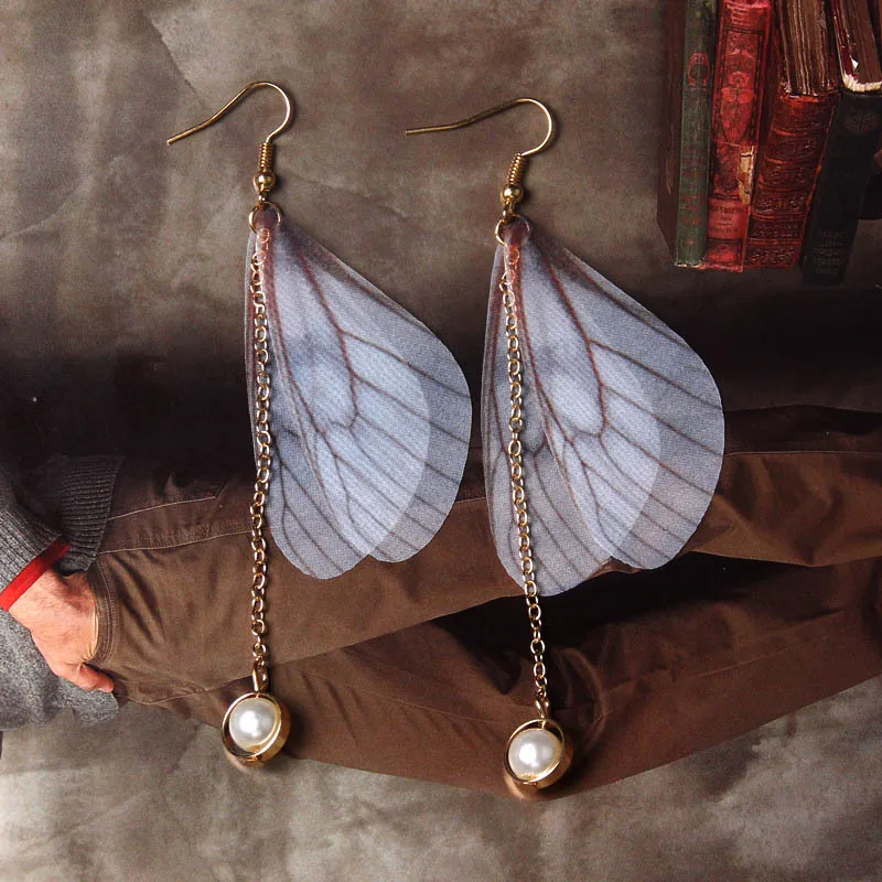 Висячие серьги из ткани с крыльями бабочки и жемчугом|orecchini pendenti lunghi|dangle