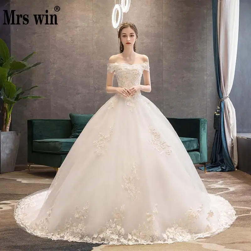 Свадебное платье 2019 Mrs Win элегантный кружевной вырез лодочкой развертки бальное