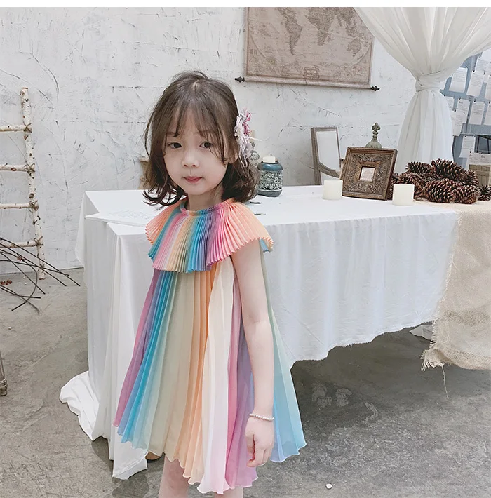 

2019 Summer Design Rainbow Baby Girl Pleated Dress Chiffon Party Dress Girl Clothes Cute Kids