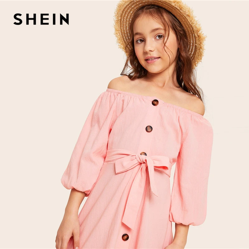 SHEIN/милое розовое платье для девочек с открытыми плечами, пуговицами и поясом спереди, Boho, лето, детские платья трапециевидной формы с рукавом «Бишоп»