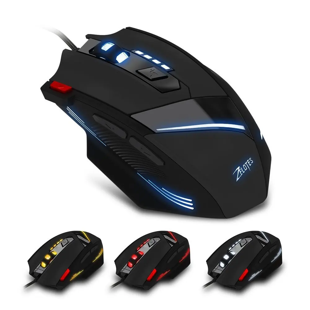 Black Zelotes T60 Проводная игровая мышь 7200 dpi 7 кнопок компьютерная мышь оптическая USB компьютерные мыши с подсветкой для ПК ноутбука - Цвет: Black