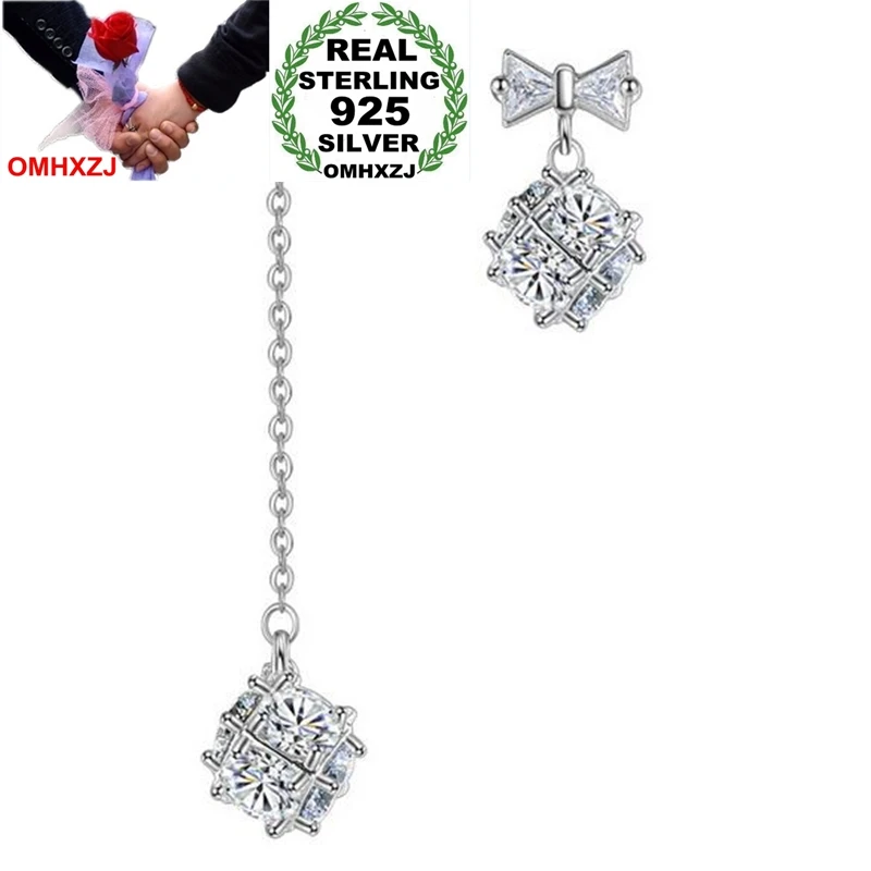 

OMHXZJ Wholesale Asymmetry Fashion Sweet for Woman Gift bowknot Magic Cube love window 925 Sterling Silver Stud Earrings YS259