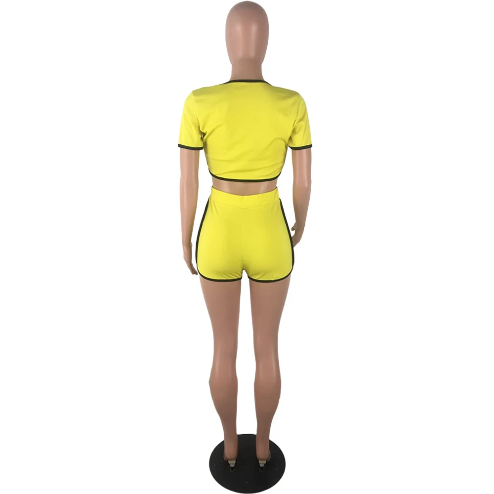

Women Solid Color Short V-Neck Crop Top With Shorts Two Piece Suit Casual Slim Lace Up Party Two Piece Outfits Women Sets