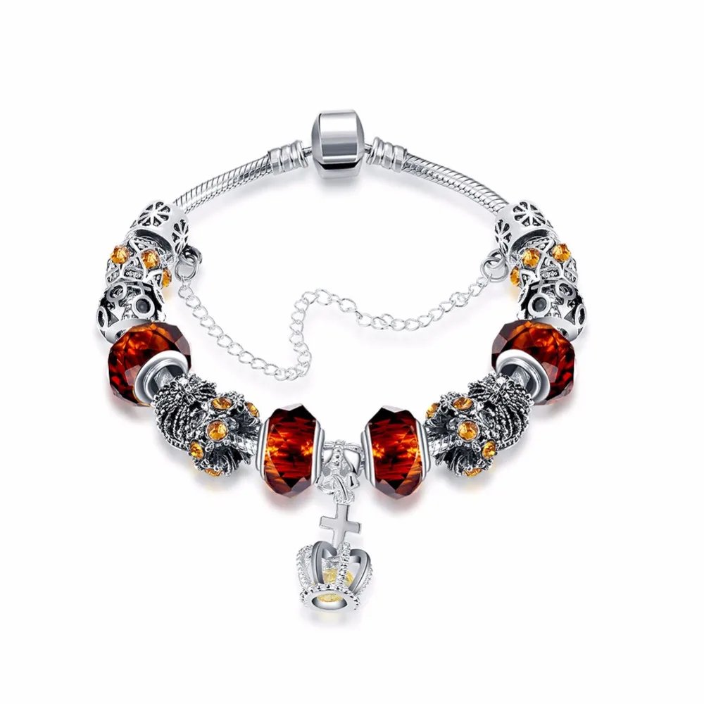 Seanuo 7 Color European Style Queen Crown &amp Cross Silver Charm Bracelet For Women Fashion DIY Murano Beads CZ Crystal Bracelets |