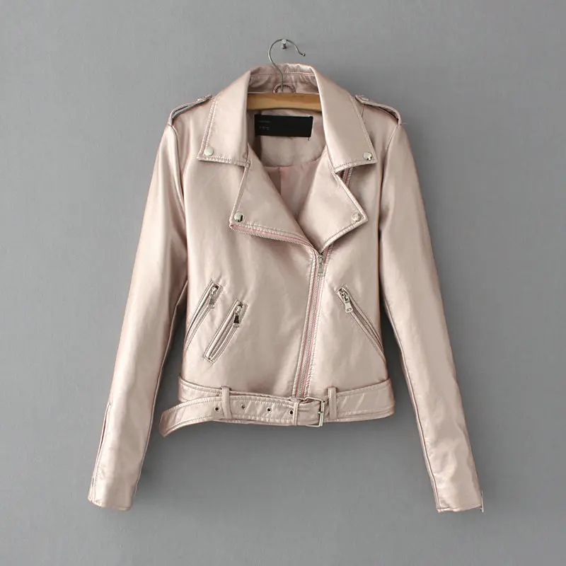 8101 Pink Новинка, модные женские Куртки из искусственной мягкой кожи на осень и зиму, женские Куртки из искусственной кожи, серебристые, черные, розовые пальто на молнии, мотоциклетная верхняя одежда - Цвет: 8101 Pink