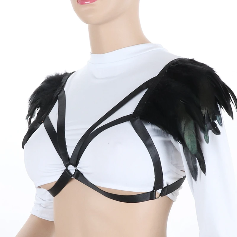 Black Sexy Body Harness for Women Feather Epaulettes Lingerie Cage Bra Bondage Tops Goth Angel Wings Party Dance Festival Rave | Женская