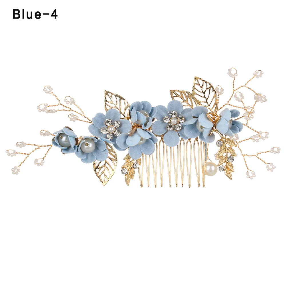 Blue Style 4 1 шт. роскошный синий розовый цветок гребни для волос головной убор выпускной корона для невесты аксессуары для волос золотые листья украшения для волос шпильки - Цвет: Blue Style 4