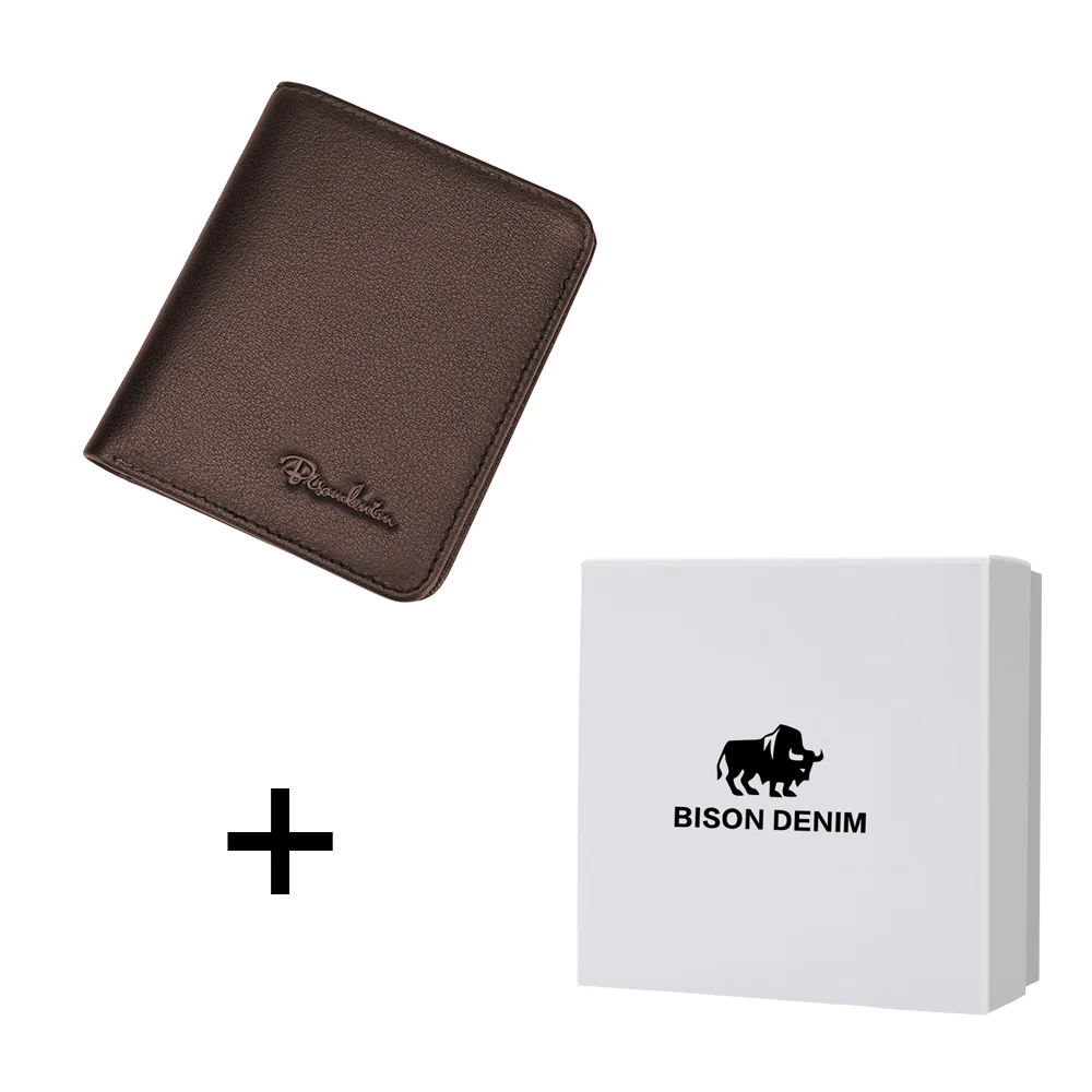 BISON DENIM черный кошелек для мужчин из натуральной кожи мужские кошельки тонкий мужской кошелек держатель для карт из коровьей кожи мягкие Мини кошельки N4429 - Цвет: Coffee With box