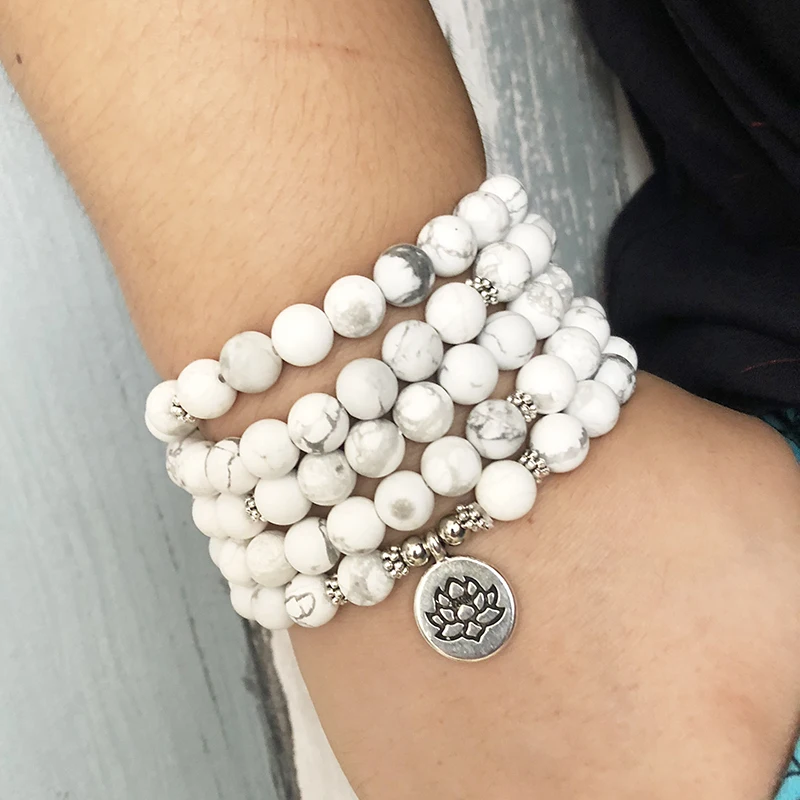 Матовые бусины Howlite Mala 8 мм 108 бусин браслет с цветком лотоса или ожерелье четки
