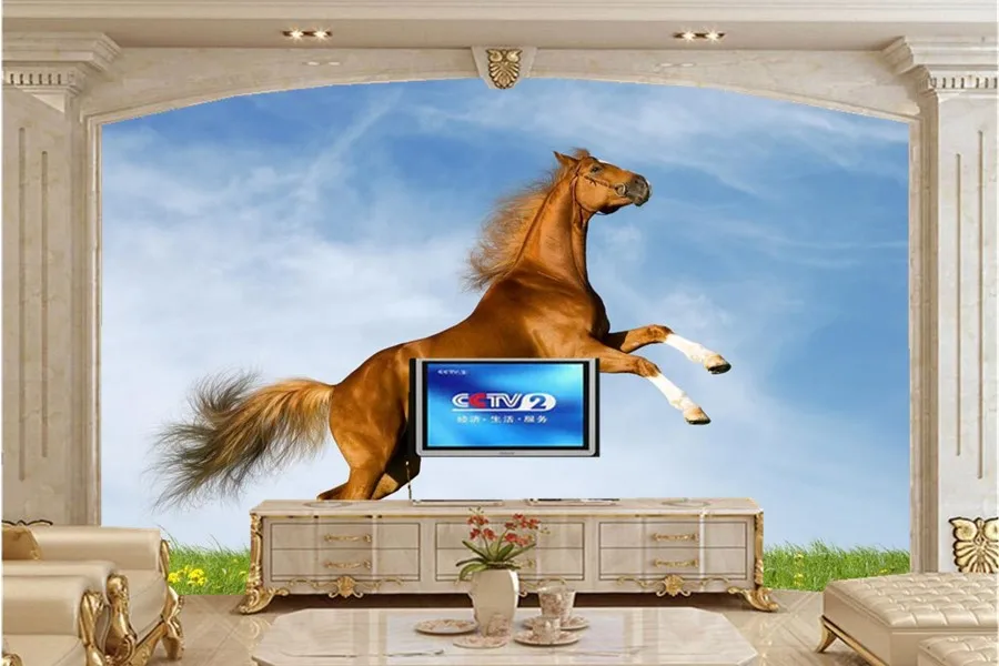 3d пользовательские обои прыжки коричневая лошадь на стенная роспись с травой