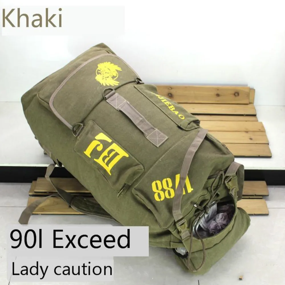 Хаки 90l мужской Большой Вместительный холщовый рюкзак на открытом воздухе, рюкзак для отдыха и путешествий, супер рюкзак для альпинизма, мужской багажный рюкзак, сумка-тоут - Цвет: Хаки