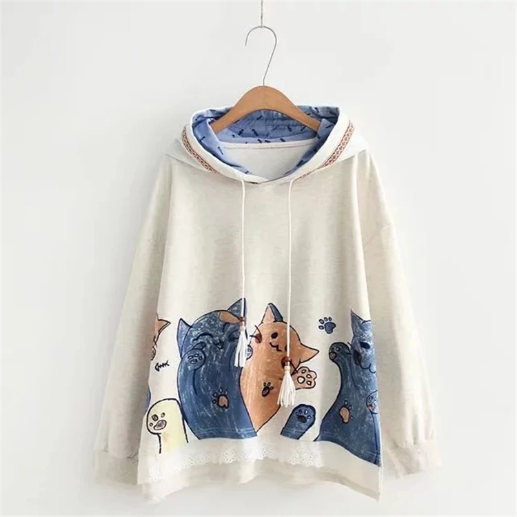 Merry Pretty женские толстовки с капюшоном с принтом кота из мультфильма Зимние толстовки с длинным рукавом и шнурком Harajuku пуловер