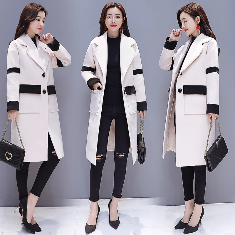 2018 г. зимние длинные женские офисные Wool-blend контраст верхняя одежда куртки