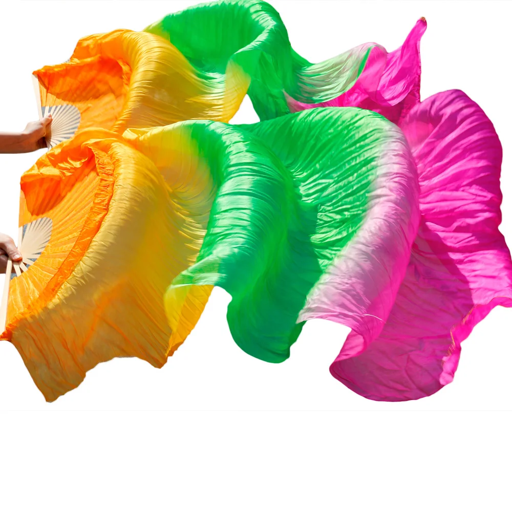 

Nice 3 colors high quality real silk fan veil for belly dance silk veil china Orange + green + Rose wholesale