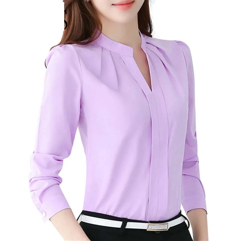 

Spring Autumn Women Tops Long Sleeve Casual Chiffon Blouse Female V-Neck Work Wear Solid Color White Office Shirts for Women