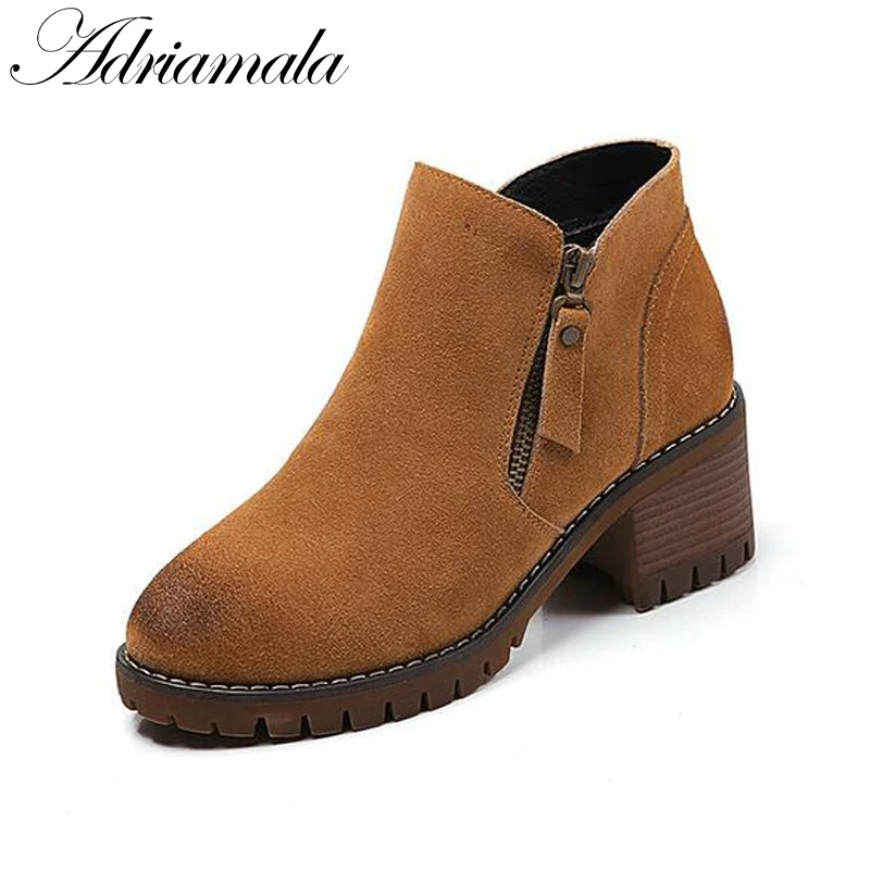 Зимние женские ботильоны 2017 Разделение кожа круглый носок квадратный каблук