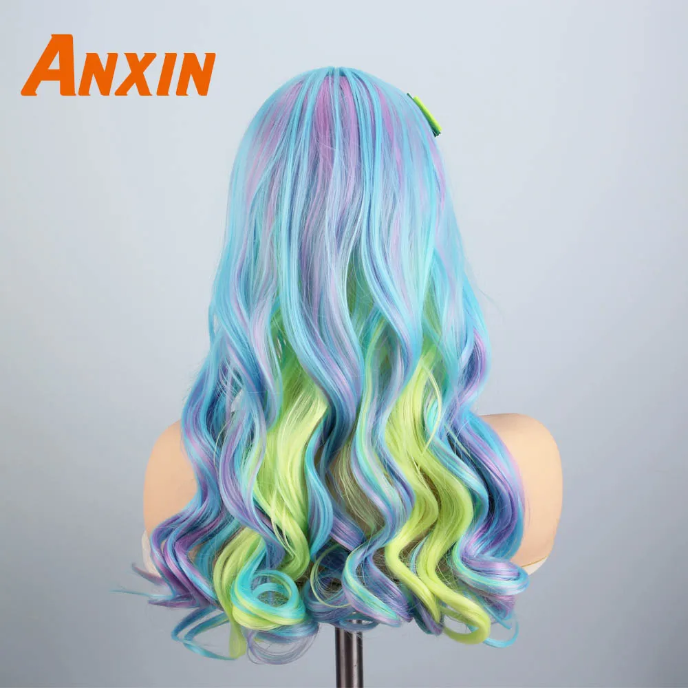 Anxin милые длинные волнистые красочные с цветком Bwoknot аксессуары вечерние аниме термостойкие синтетические парики для женщин девочек
