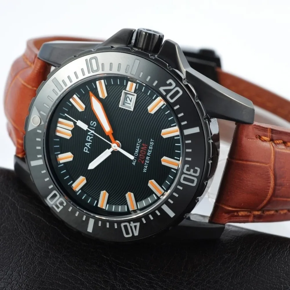 leather brown Parnis автоматические дайвер мужские часы водонепроницаемые 200 м кожаный ремешок оранжевые стрелки Механические Мужские часы mekanik kol saati - Цвет: leather brown