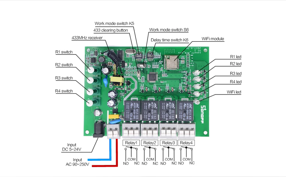 Itead SONOFF Bridge Sonoff 4ch pro r2 RF 433 МГц умный переключатель Wi-Fi с пультом дистанционного управления 433 Умный Google Home Автоматизация Alexa Совместимость