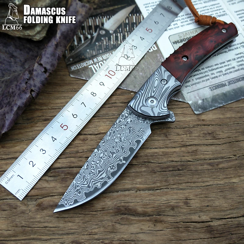 LCM66 дамасский складной нож ручной работы кованый нож охотничий нож 60HRC Ebony Ручка с портативным ножом Инструменты острый открытый knif