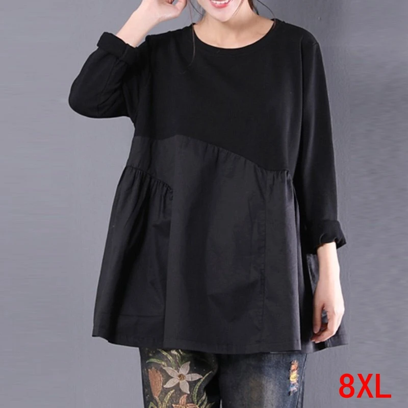 Large size women's T-shirt stitching plus 5XL 6XL 7XL 8XL summer round neck long sleeve loose black gray top | Женская одежда
