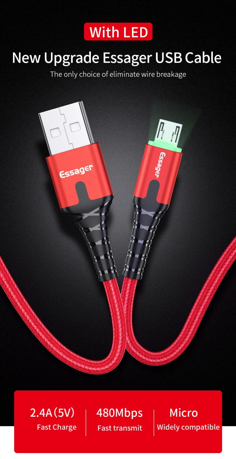 Essager светодиодный микро-usb быстрый заряд кабеля провод шнур 0,5/1/2 m кабель usbc для Xiaomi samsung Oneplus 7 Pro мобильного телефона Зарядное устройство
