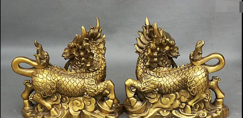 10 &quotКитайский Фэншуй Чистая Латунь Дракон Kylin Единорог Косы RuYi Тыква Статуя Пара