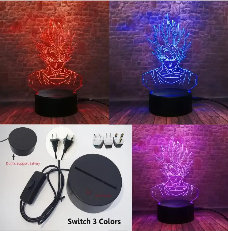 Switch Plug 3 Color Dragon Ball Супер Saiyan Goku фигурки 3D иллюзия настольная лампа 7 цветов меняющийся ночной Светильник для мальчиков подарки для детей - Испускаемый цвет: Switch Plug 3 Color