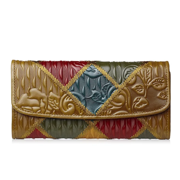 green Винтажные женские кошельки из натуральной кожи, Длинный кошелек, мода, 3 сложения, держатель для карт, кошелек для девушек, масло, воск, натуральная кожа, кошелек для монет - Цвет: green