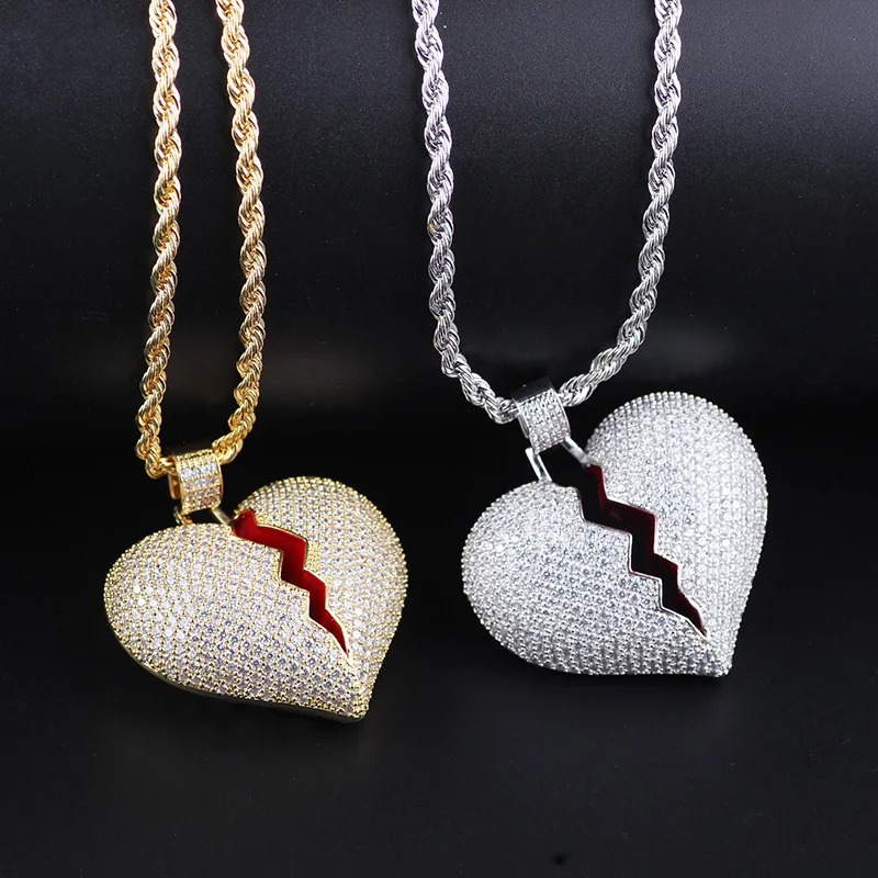 Fashion Broken Heart Iced Out Chain Pendant Necklace Statement Gold Color Cubic Zircon Hip Hop Men's Jewelry Gift | Украшения и