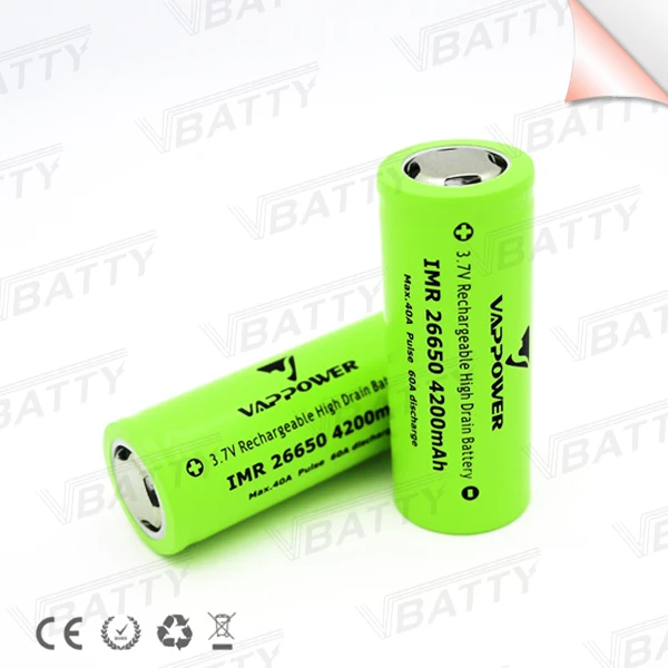 Мощная батарея Vappower IMR 26650 4200 mah 60A 3,7 V литий-ионная аккумуляторная с плоским верхом(2 шт