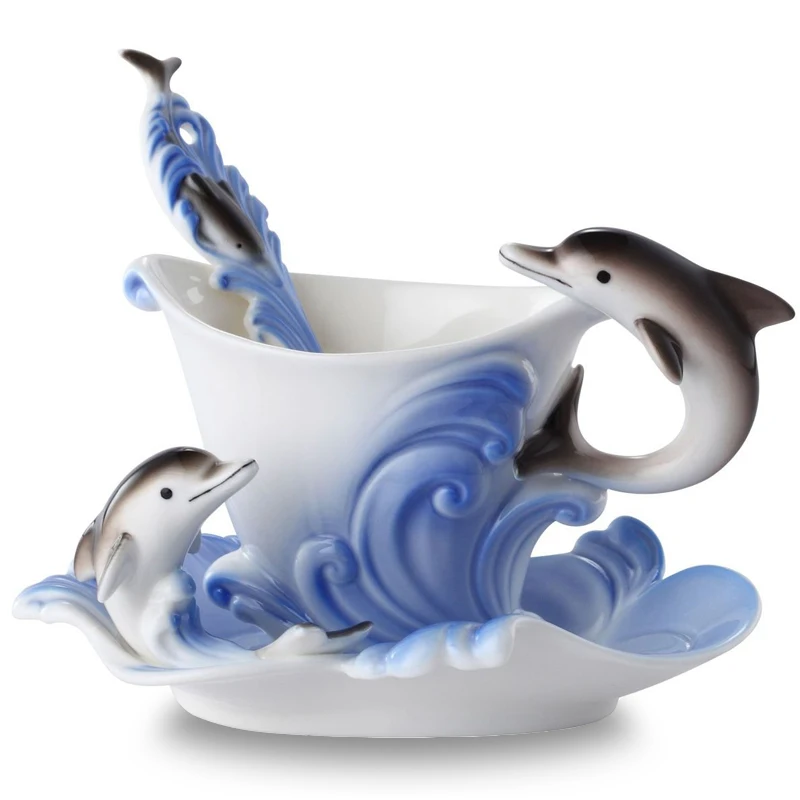 

Colored Enamel Coffee Mug Porcelain Suit Creative Dolphins European mugs and cups,a cup of coffee+disc+scoop for Friend gift