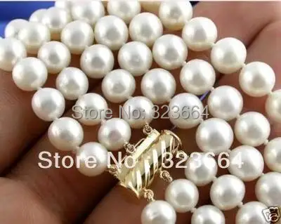 Hot Sell ! 3row Natural 8-9MM AAA+ White Pearl Necklace