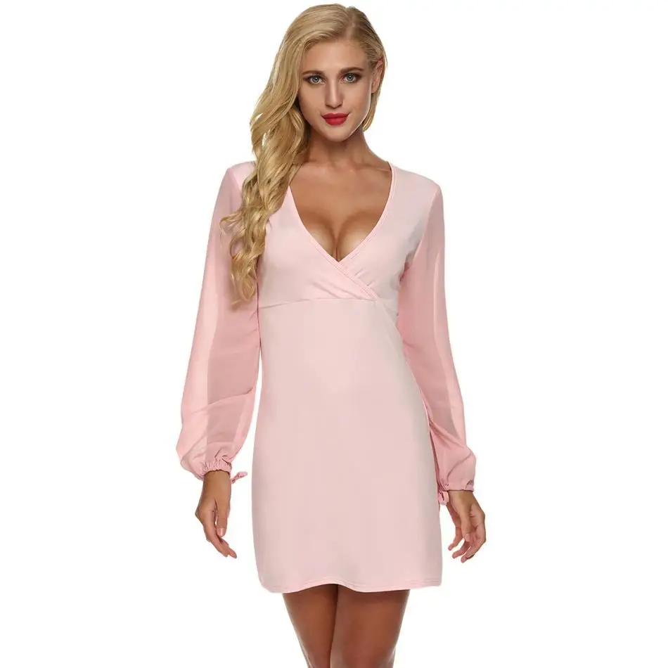 Women V-Neck Chiffon Sleeve Patchwork Jersey Sexy Above Knee Casual Party Long Solid Dress | Женская одежда